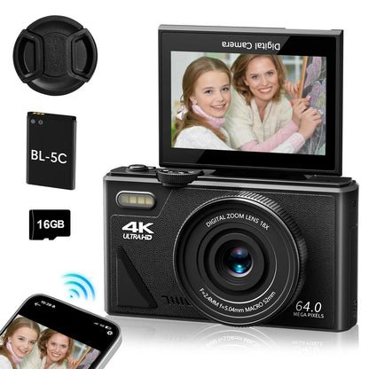 4K Digital Camera& Photography Autofocus 64MP Vlogging Camera for YouTube，16X Digital Zoom Compact Camera, 3'' 180°Flip Screen