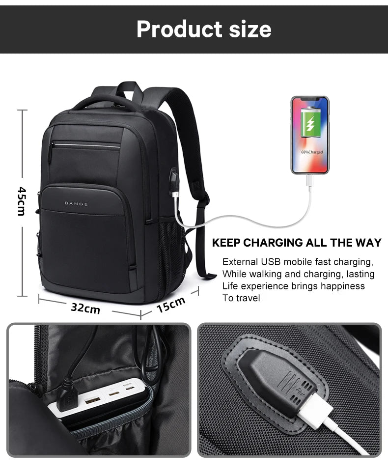 BANGE Travel Waterproof Backpack with USB Charging Port Fit 15.6 Inch Laptop Backpacks for Men and Women, Teenager School Bags