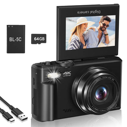 4K Digital Camera, 4K Vlogging Camera for YouTube whit 3" 180° Flip Screen 18X Digital Zoom Compact Retro Camera, Black