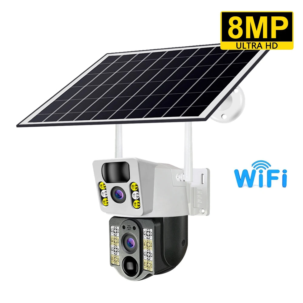 8MP 4K Wireless Solar Camera 4G Sim Outdoor Dual Lens Wifi IP Camera PIR Night Vision V380 Pro CCTV Security Protection Monitor