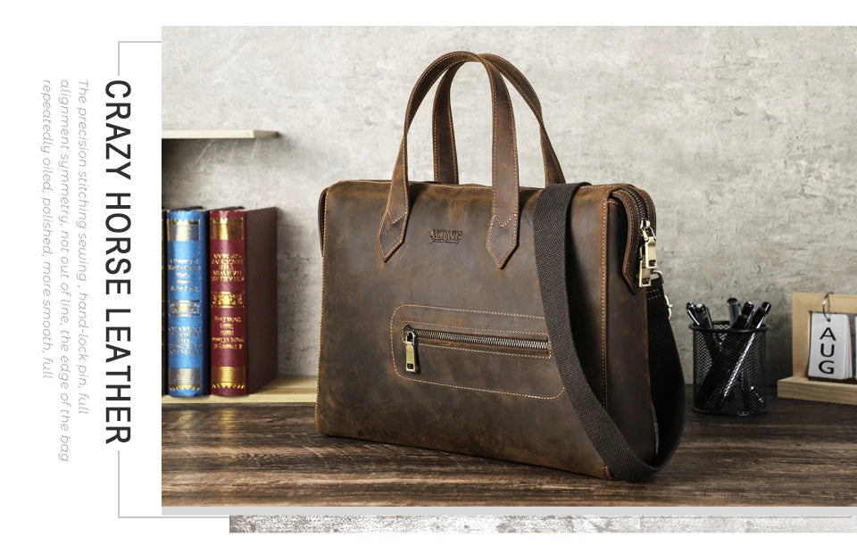 Vintage Genuine Leather Laptop Handbag Men Briefcase Casual Shoulder Bag Large Capacity Messenger for Macbook 13''