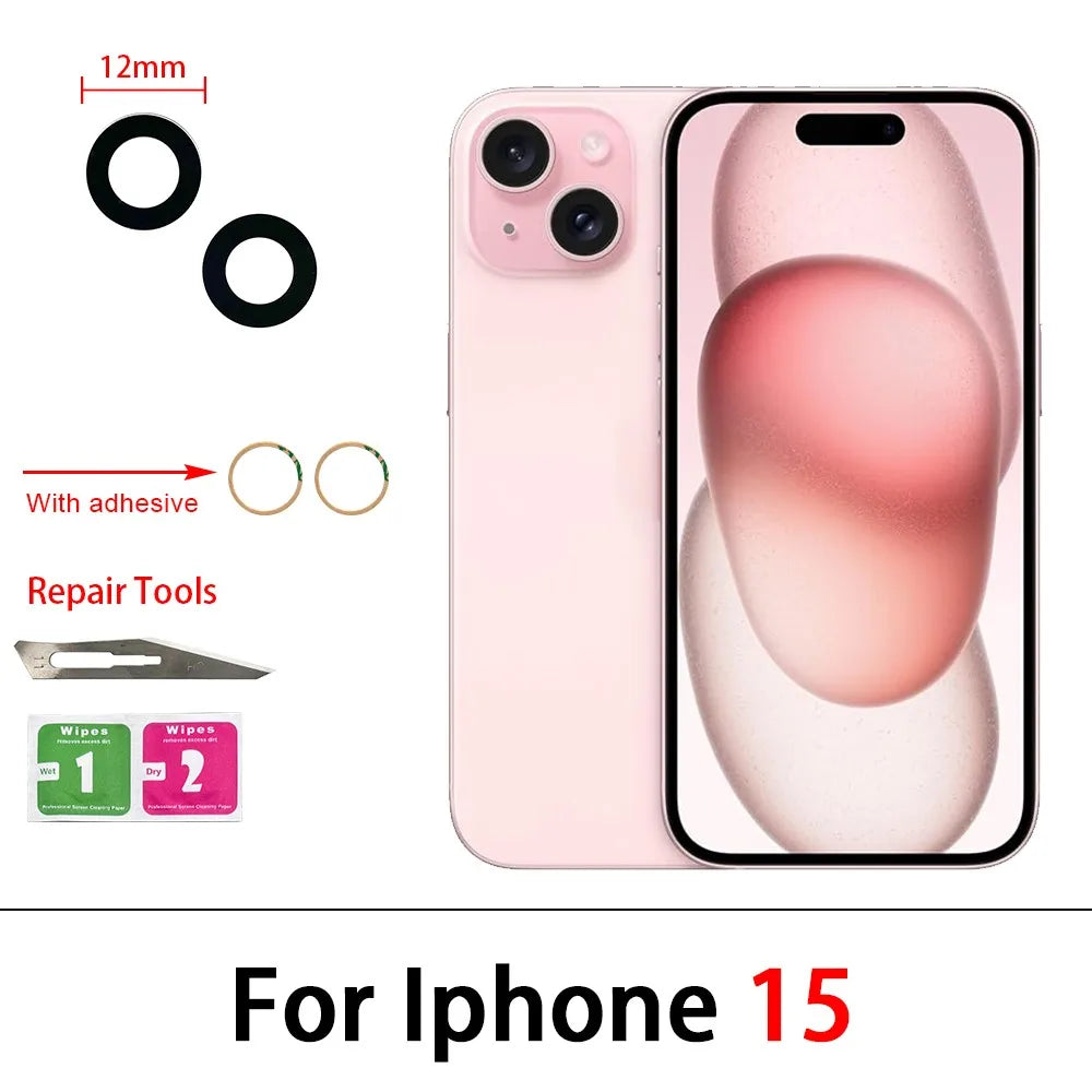 New Camera Glass Lens Back Rear Camera Glass Lens For iPhone 11 12 13 14 15 16 Pro Max Plus Mini With Sticker Adhesive