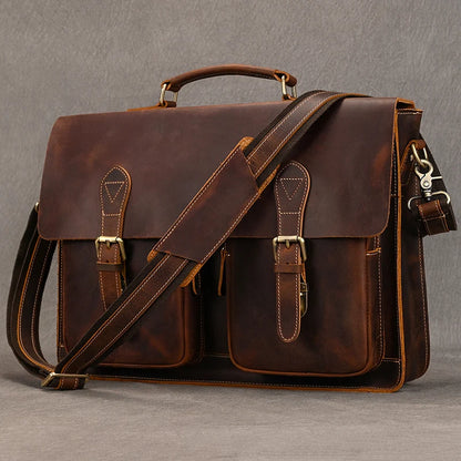 Vintage Men Briefcase Crazy Horse Genuine Leather Man Male Laptop Handbag Large Shoulder Messenger Portfolio Bag Business Case