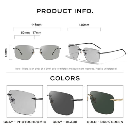 CAPONI Pure Titanium Photochromic Sunglasses Rimless Polarized Driving Men's Sun Glasses Ultra Light UV400 Brand Shades BS28923