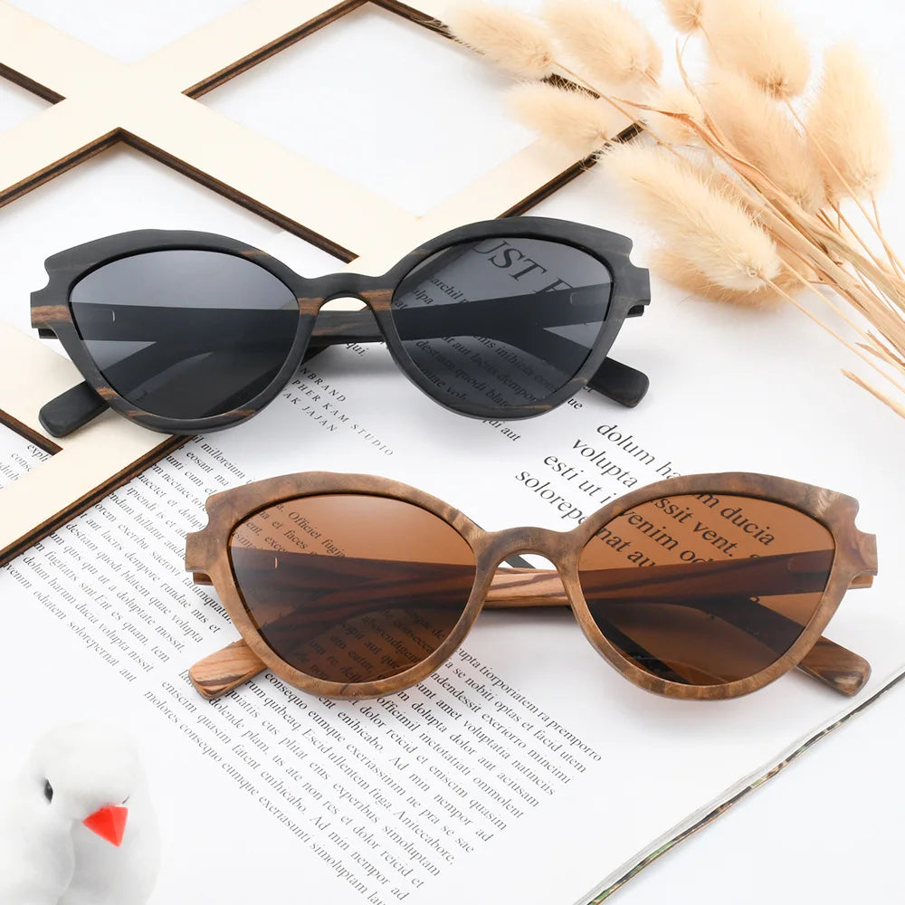 Fashion Cat Eye Wood Sunglasses For Women Men Polarized UV400 Brand Designer Sun Glasses with Bohemian Case