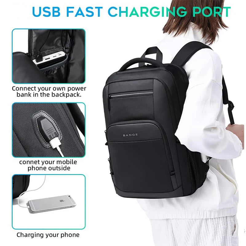 BANGE Travel Waterproof Backpack with USB Charging Port Fit 15.6 Inch Laptop Backpacks for Men and Women, Teenager School Bags