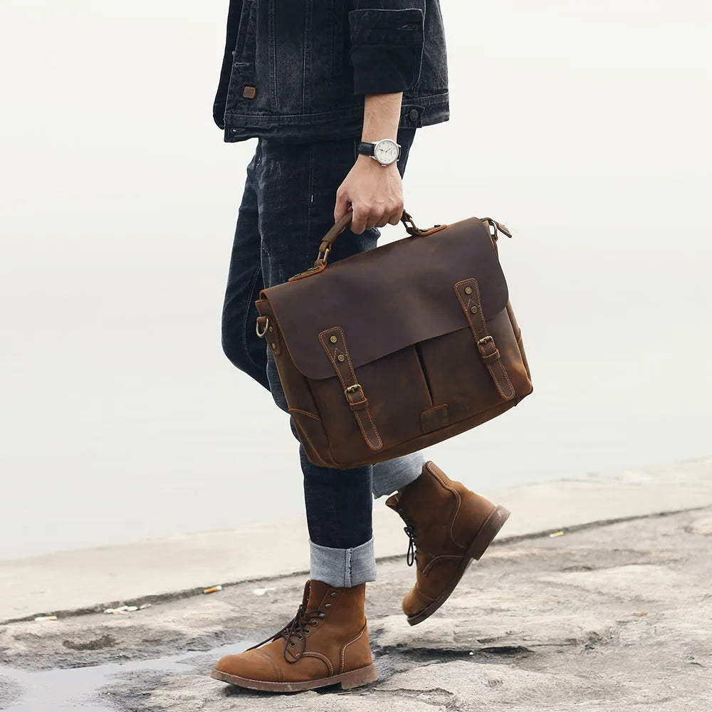 S.WORKER Vintage Genuine Leather Men's Briefcase Laptop Messenger Bag Crazy Horse Leather Handbag Cowhide Retro Casual Style