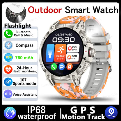 Military Smart Watch Men 760mAh Large Battery LED Flashlight Compass 1.8"HD Screen Heart rate Waterproof BT Call Smartwatch  New