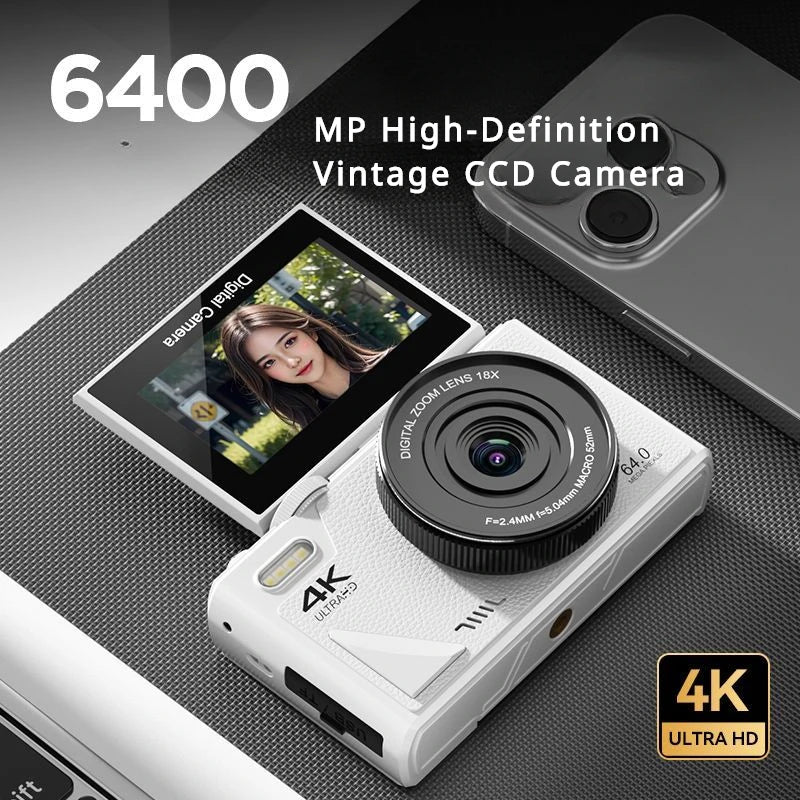 6400MP High-Definition Vintage CCD Mirrorless Camera with 180-Degree Rotating Selfie Screen