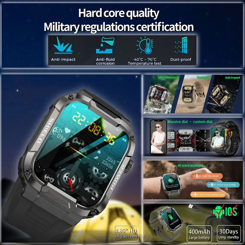 Men Smart Watch Military Healthy Monitor AI Voice Bluetooth Call Fitness Waterproof Sports Smartwatch for IOS Android Phone 2024