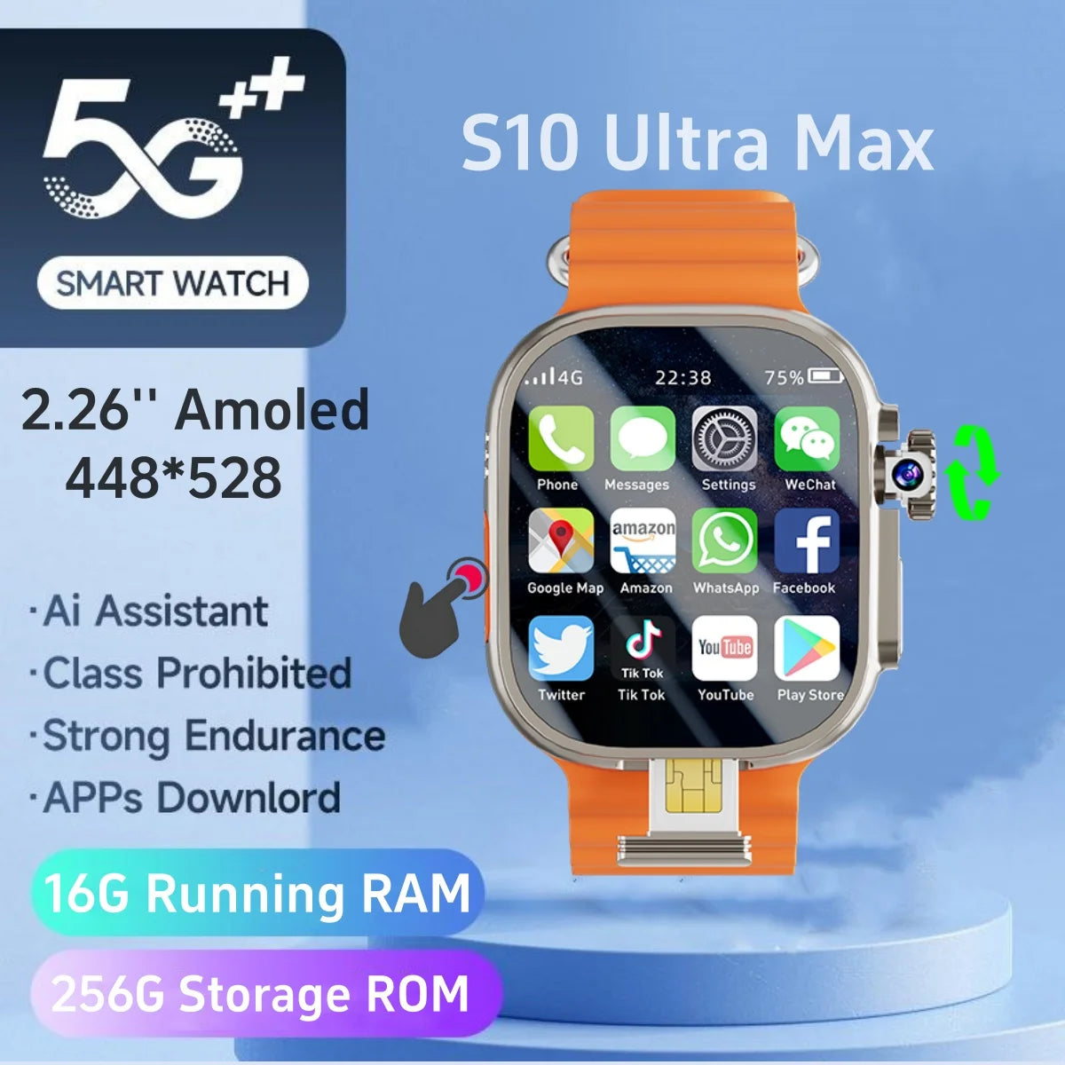 GoldenSpike S10 Ultra Max Smartwatch 5G Android Smart Watch With 2.26'' Amoled Screen 800W Rotary Camera Simcard Slot Video Call