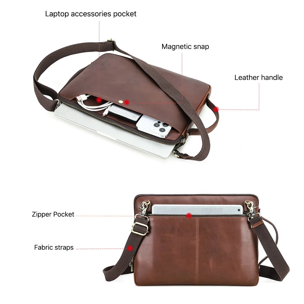 Men's Genuine Leather Laptop Bag For MacBook Pro Air 14 13 Handbag Crossbody Briefcase Bussiness Handbag With Shoulder Strap