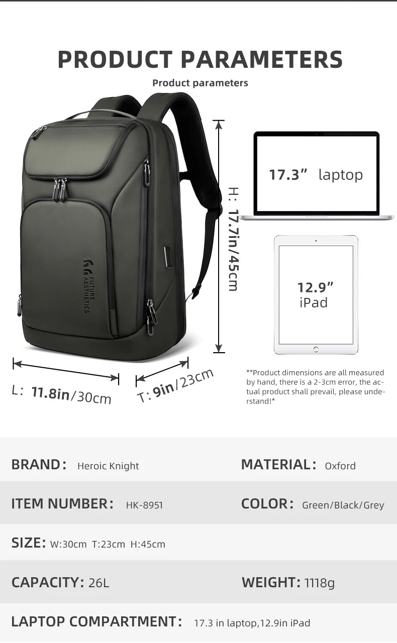 Heroic Knight 17.3 Inch Business Laptop Backpack with Dual USB Port Waterproof Big Capacity Multi-Use Work Office Shoulder Bag