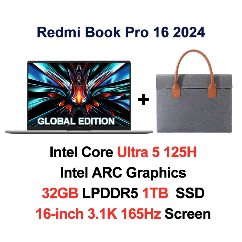 Xiaomi laptop RedmiBook Pro 16 2024 Core Ultra 5-125H/Ultra 7-155H ARC Graphics 32GB DDR5 1TB SSD 16-inch 3.1K 165hz Screen Pc