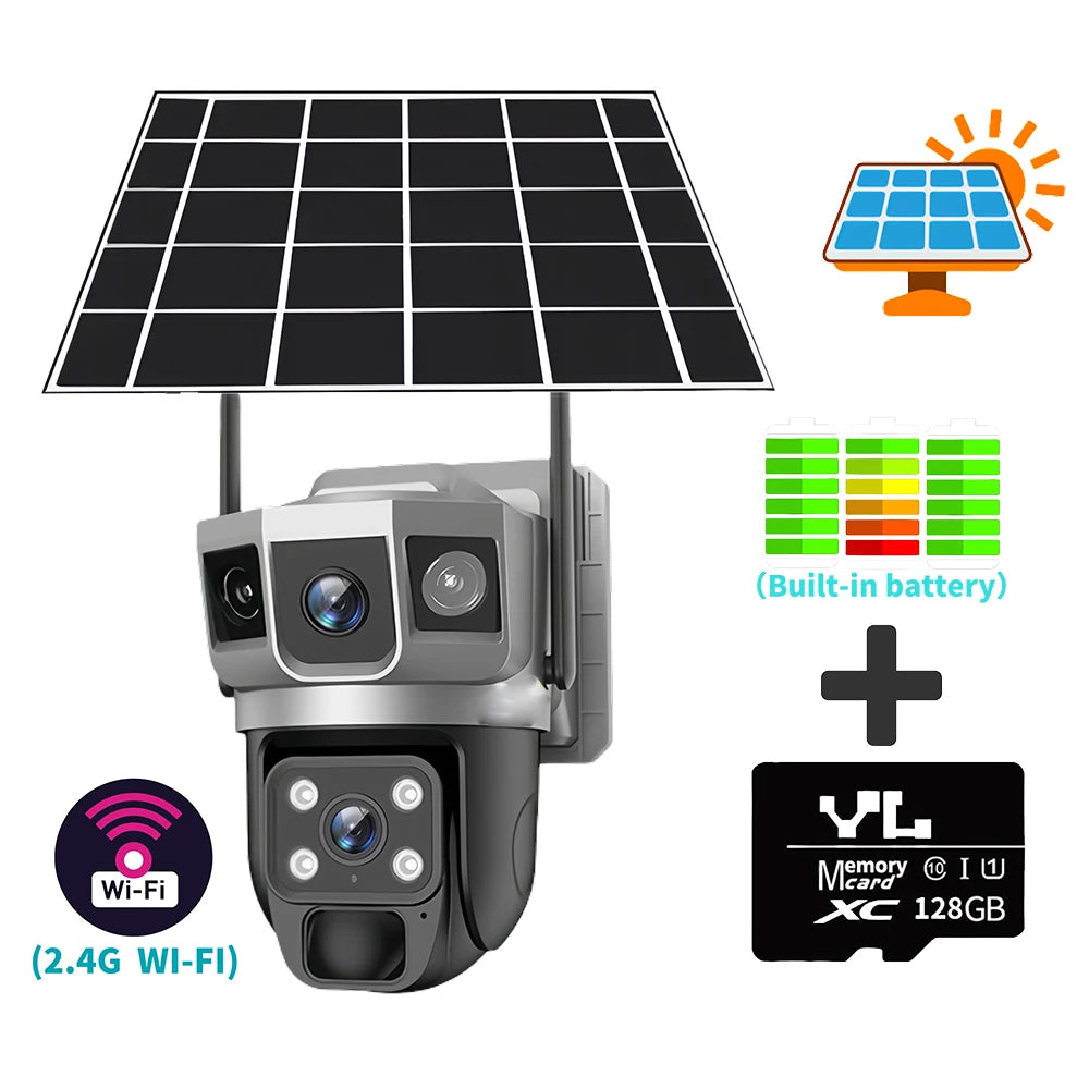 4G Solar IP Camera WIFI CCTV 12MP Dual Lens Triple Screen PTZ Auto Tracking 6K Curious Security Surveillance V380 Pro Camera