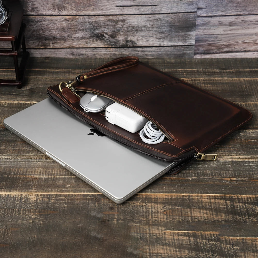 Crazy Horse Leather Sleeve Bag For Macbook Air 13 M3 M4 Case Pro 14 M1 M2 A2779 A2442 Pro 13 15.4 16 inch Chip Laptop Bag Cover