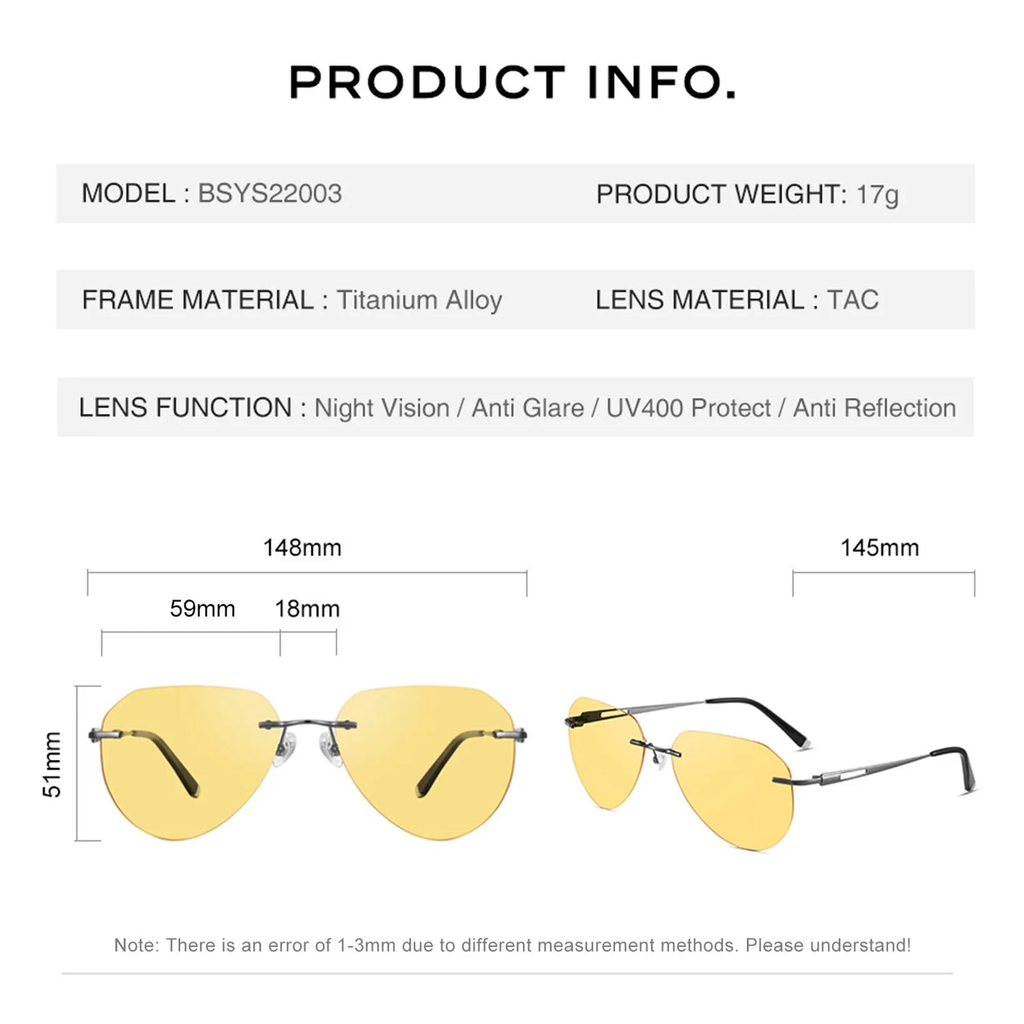 CAPONI Photochromic Brown Yellow Sunglasses Titanium Alloy Rimless Sun Glasses Pilot Night Vision Ultra-Light Eyewear BSYS22003