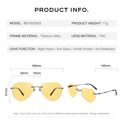 CAPONI Photochromic Brown Yellow Sunglasses Titanium Alloy Rimless Sun Glasses Pilot Night Vision Ultra-Light Eyewear BSYS22003