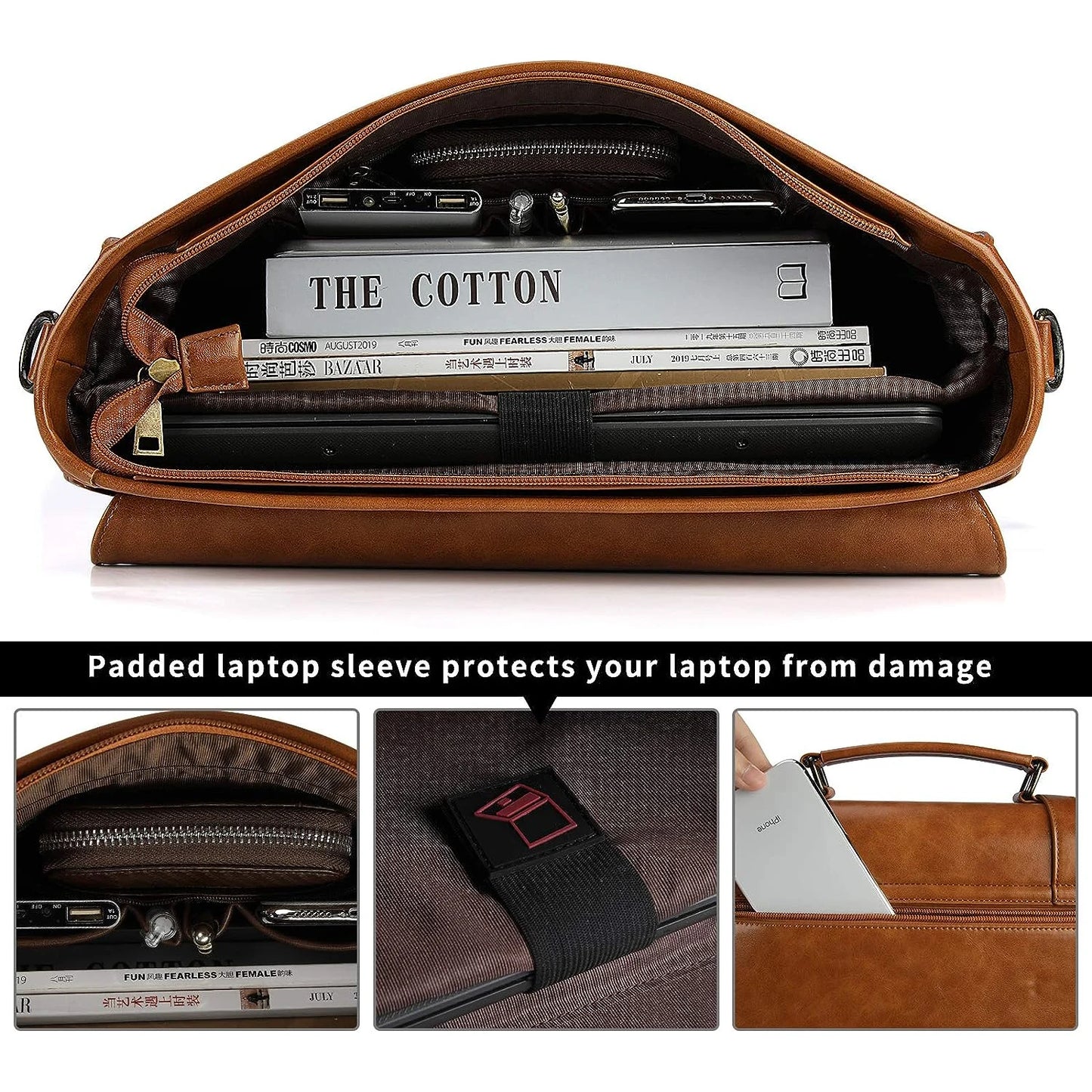 Men's Leather Briefcase Retro Chic Bag 15.6 inch Waterproof Leather Large Capacity Crossbody Bag Laptop Tote