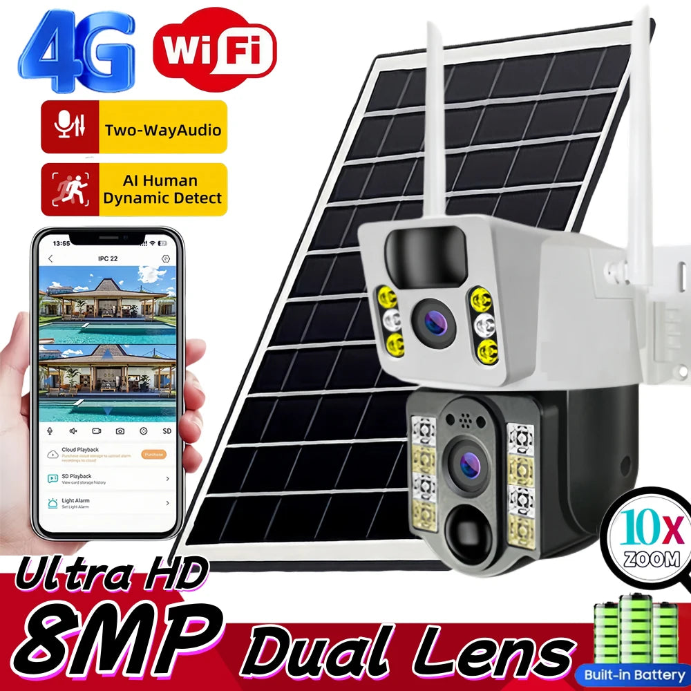 4K Solar Camera 4G SIM Card Dual Lens 8MP HD Night Vision IP CCTV Surveillance PTZ PIR Human Detection Alarm Waterproof WIFI Cam