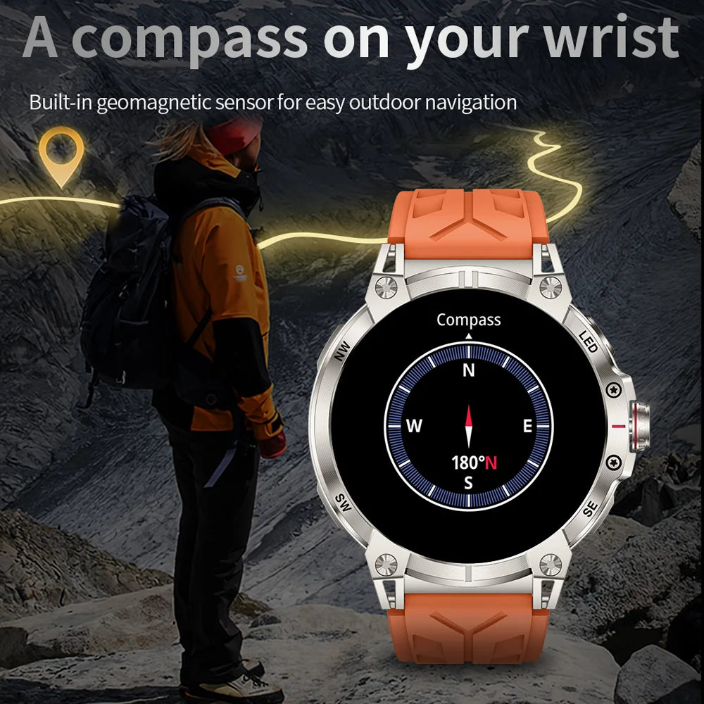 Military Smart Watch Men 760mAh Large Battery LED Flashlight Compass 1.8"HD Screen Heart rate Waterproof BT Call Smartwatch  New