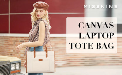 Missnine 15.6 Inch Woman Laptop Briefcase Tote Canvas ipad Bag Work Shoulder Bag Casual Tote Bag for Travel Office College