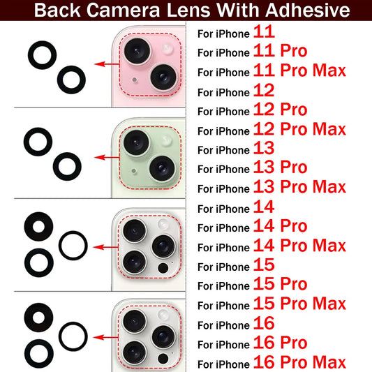 New Camera Glass Lens Back Rear Camera Glass Lens For iPhone 11 12 13 14 15 16 Pro Max Plus Mini With Sticker Adhesive