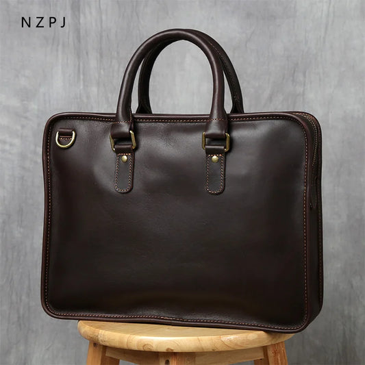 NZPJ Retro Men's Briefcase Leather Laptop Bag Top Layer Cowhide Casual Handbag 14 Inch Business Shoulder Bag Messenger Bag