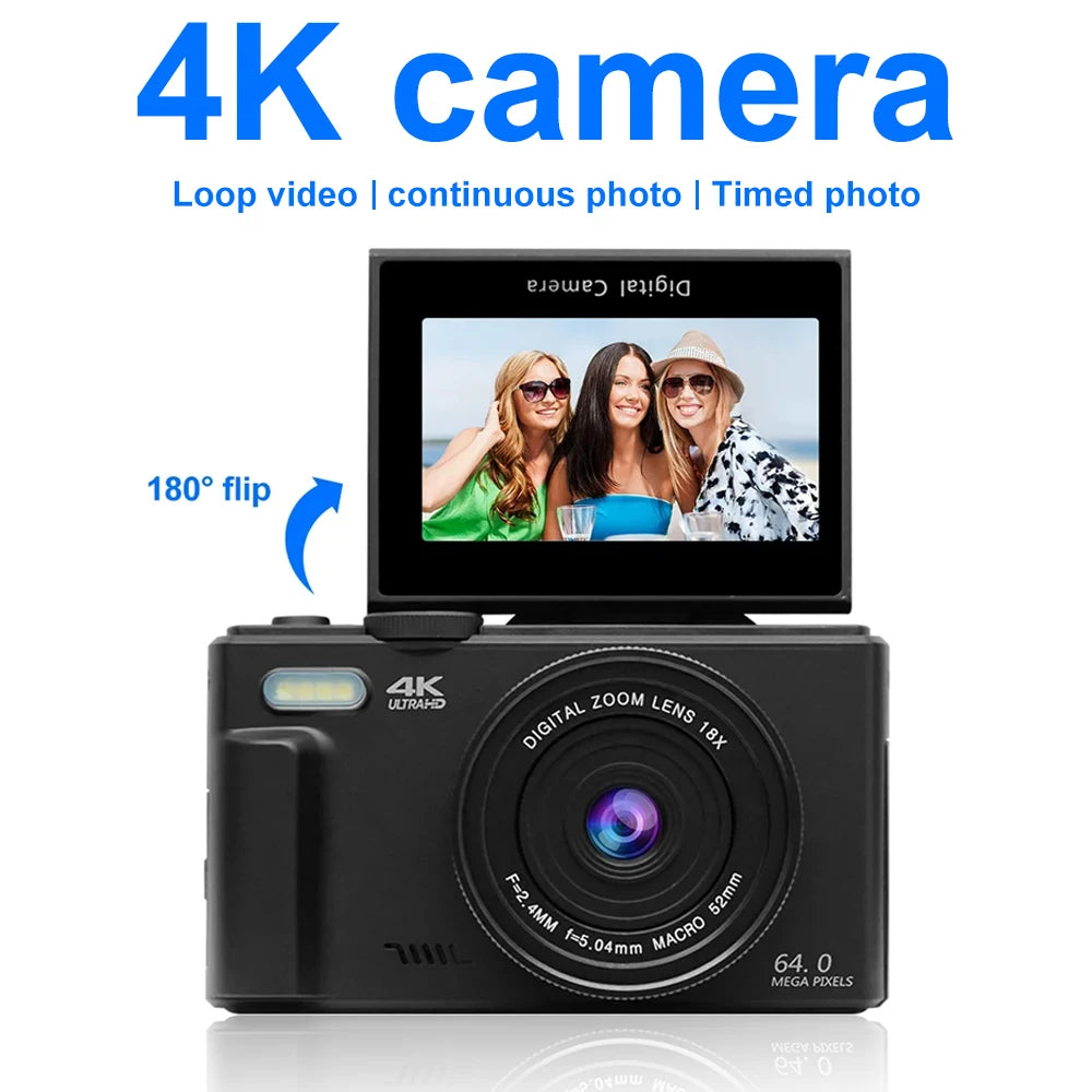 4K Digital Camera for Photography and 18X Digital Zoom Camera 64MP Compact Vlogging Camera 3'' 180° Flip Screen with Flash