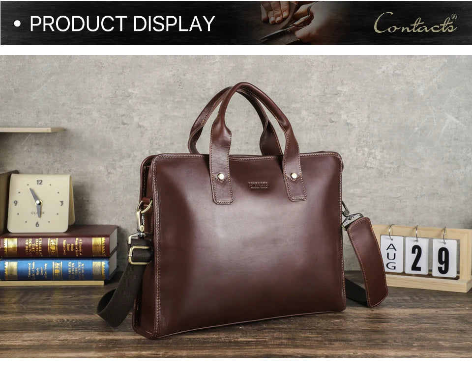 CONTACT'S Crazy Horse Leather Men Briefcase Business 14 inch Laptop Bag Large Capacity Male Shoulder Bag Messenger Handbag Tote