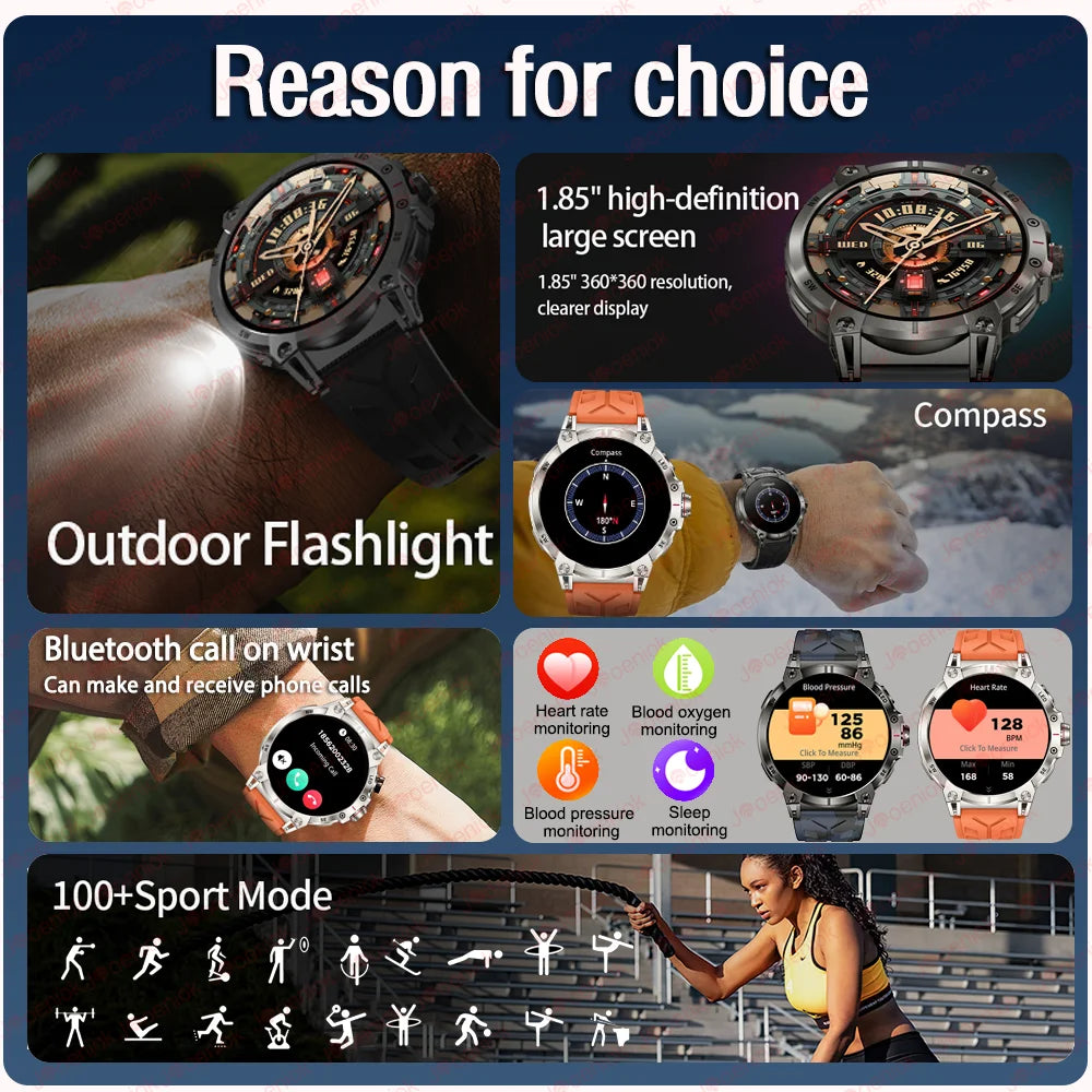 Military Smart Watch Men 760mAh Large Battery LED Flashlight Compass 1.8"HD Screen Heart rate Waterproof BT Call Smartwatch  New