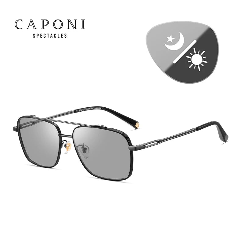 CAPONI Pure Titanium Men Sunglasses Car Driving Cool Sun Shades Polarized Photochromic UV400 Square Sun Glasses For Men BS21028