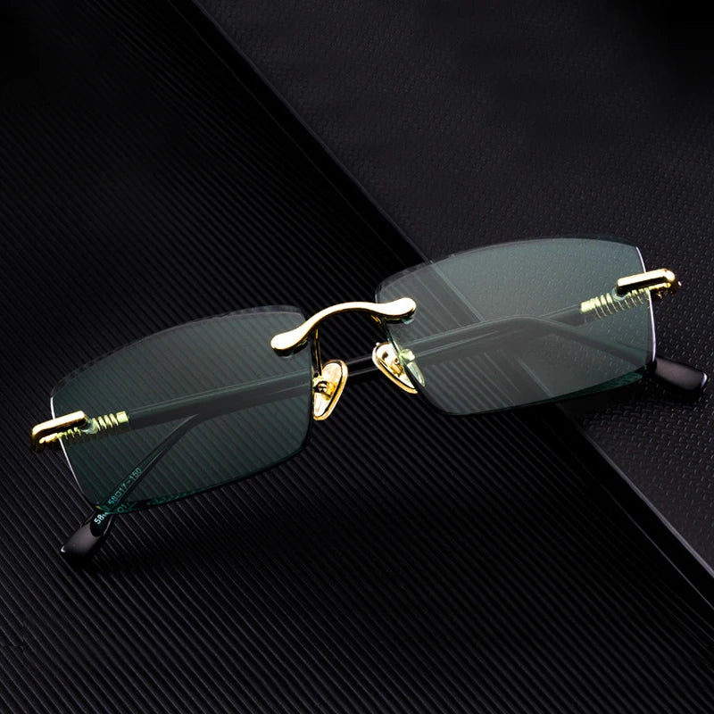 Green Rimless Glass Sunglasses Man Natural Crystal Stone Sun Glasses Woman Mineral Lens Metal Frame Anti Scratch Top Quality