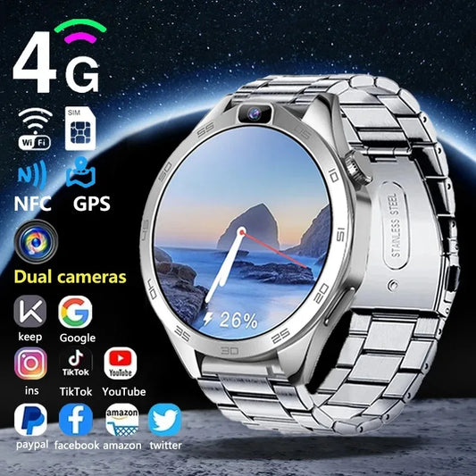 4G LTE Smartwatch For Men 1.85 Inch HD Dual Camera SIM Video Call NFC GPS 3G+32G Heart Rate Health Monitoring Watch