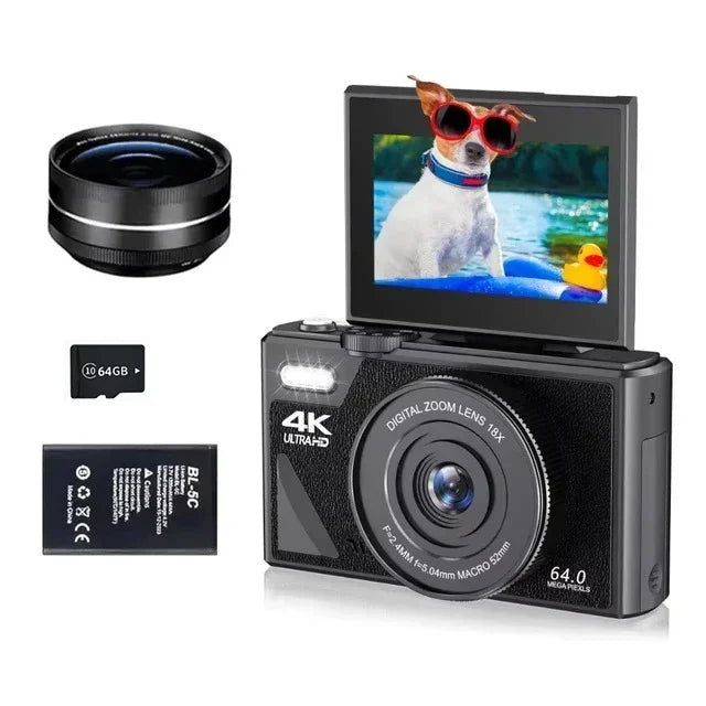 4K Video Camera 64MP with 18X Digital Zoom Flip Screen Selfie Webcam for YouTube Vlogging