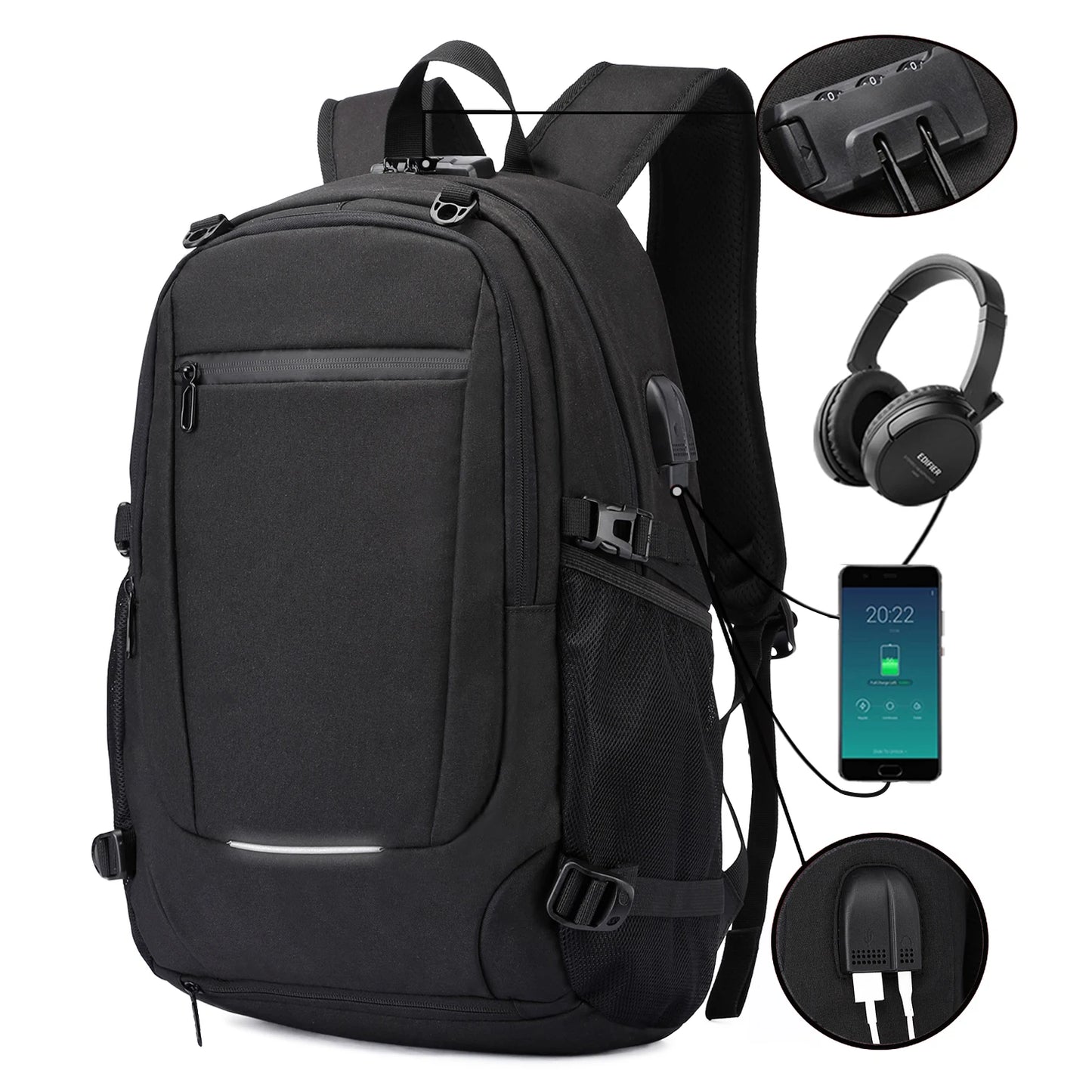 Neutral Waterproof Backpack With Anti-theft Password Lock, Reflective Strip, Basketball Net Pocket, USB And Headphone Interface