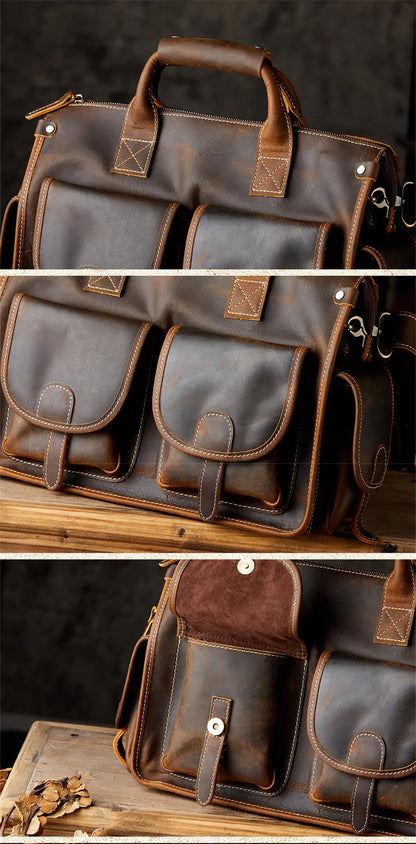 Vintage high quality crazy horse cowhide men's briefcase business travel luxury genuine leather handbag work messenger bag