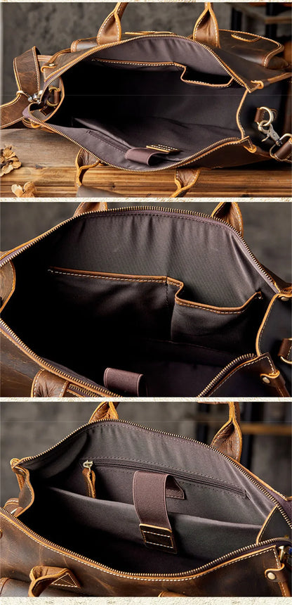 Vintage high quality crazy horse cowhide men's briefcase business travel luxury genuine leather handbag work messenger bag