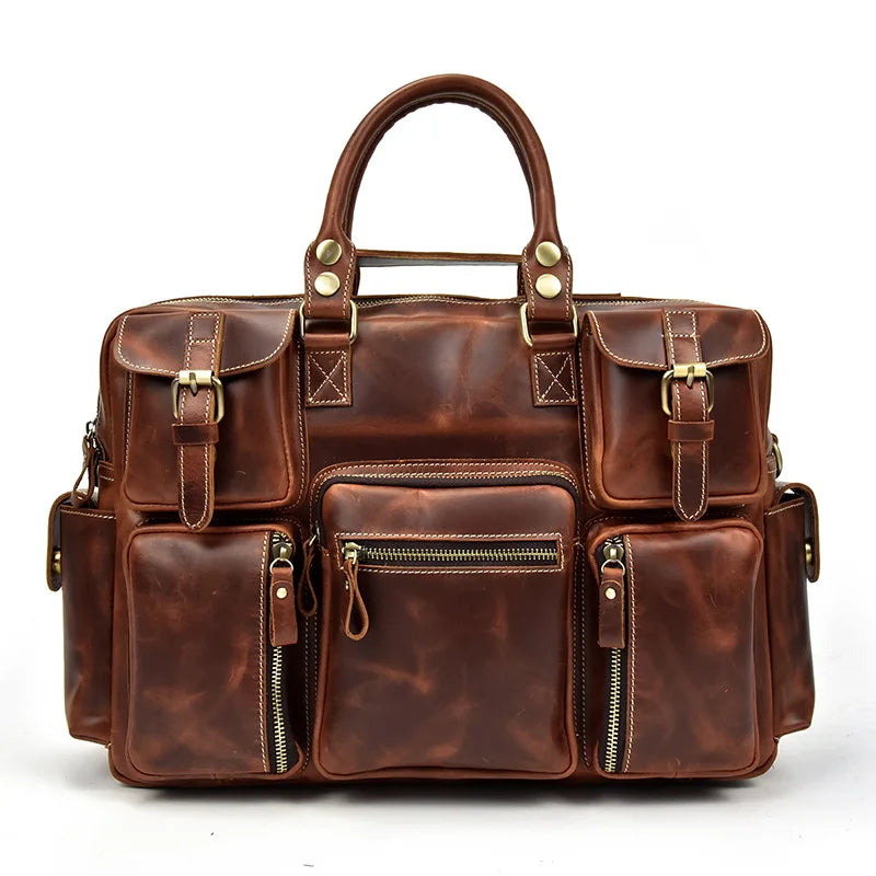 Vintage Men Crazy Horse Leather Briefcase Large Laptop Genuine Leather Business Bag Work Tote Travel Bag Cowhide Messenger Bag