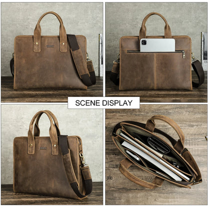 CONTACT'S Crazy Horse Leather Men Briefcase Business 14 inch Laptop Bag Large Capacity Male Shoulder Bag Messenger Handbag Tote