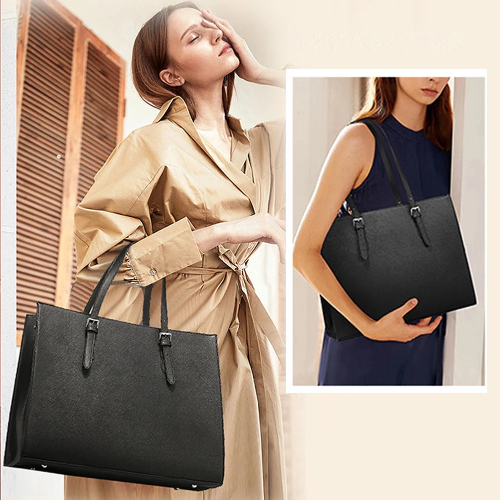 15.6 Inch Large Shoulder Bag PU Leather Computer Tote Bag Multipocket Large Capacity Waterproof Women Business Travel Handbag