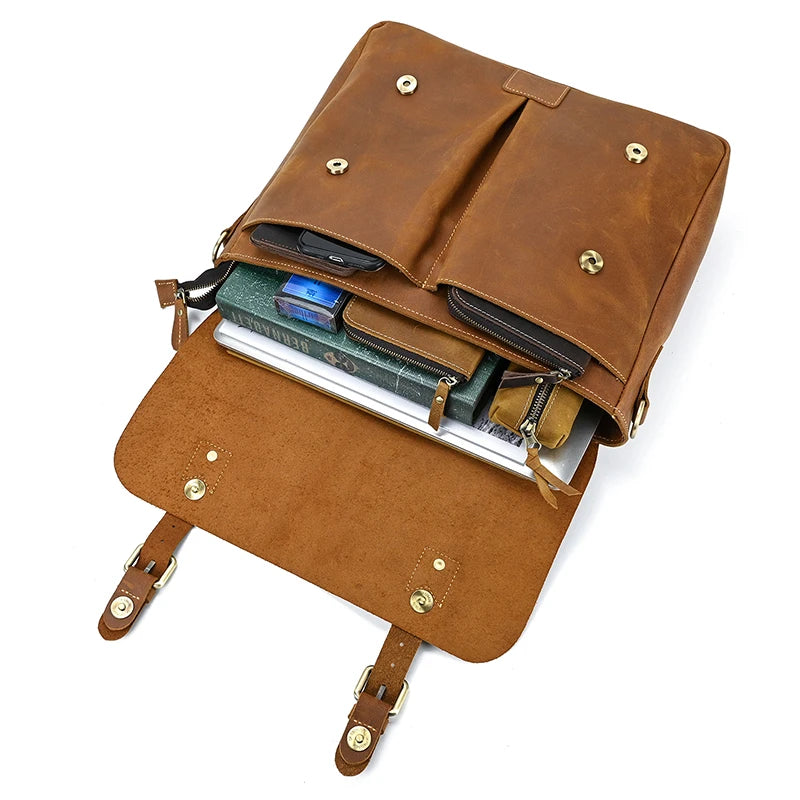 Newsbirds Leather Briefcase Shoulder Bag Vintage Style Men's Crossbody Bags For A4 Books Messenger For Men Women Handbags