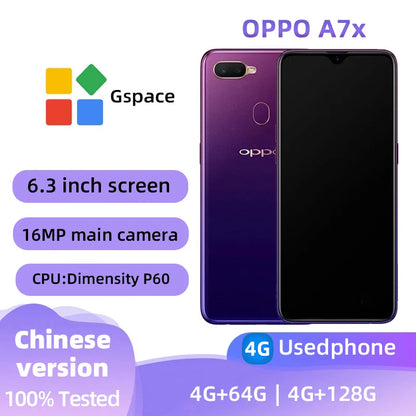 oppo A7x 4G Android CPU MediaTek Dimensity P60 6.3 inches SmartPhone Screen ROM 64GB/128GB 3500mAh Charge 16MP Camera used phone