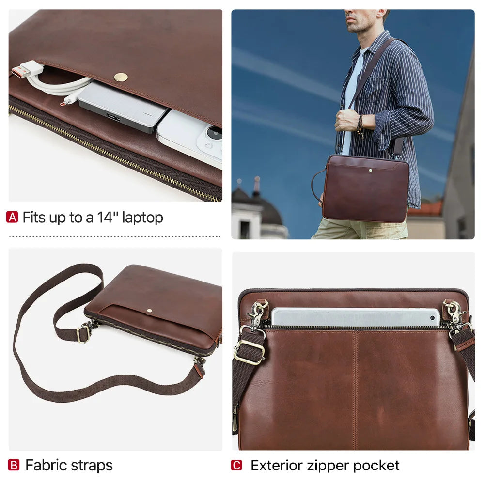 Men's Genuine Leather Laptop Bag For MacBook Pro Air 14 13 Handbag Crossbody Briefcase Bussiness Handbag With Shoulder Strap