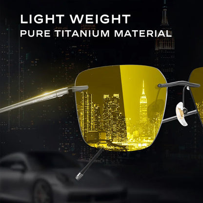 CAPONI Pure Titanium Men's Sunglasses Photochromic Night Vision Rimless Driving Sun Glasses Light UV400 Brand Shades BSYS28923