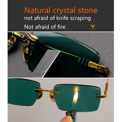 Green Natural Crystal Stone Sunglasses Man Woman Rimless Glass Sun Glasses Mineral Lens Anti Scratch Driver's Shade Top Quality