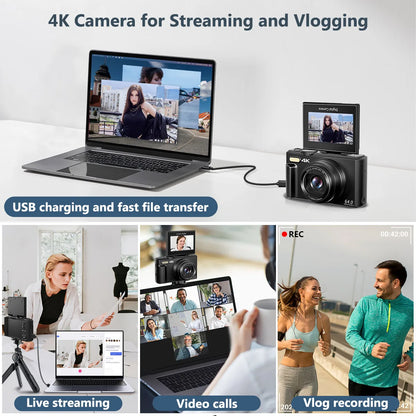 4K Digital Camera, 4K Vlogging Camera for YouTube whit 3" 180° Flip Screen 18X Digital Zoom Compact Retro Camera, Black