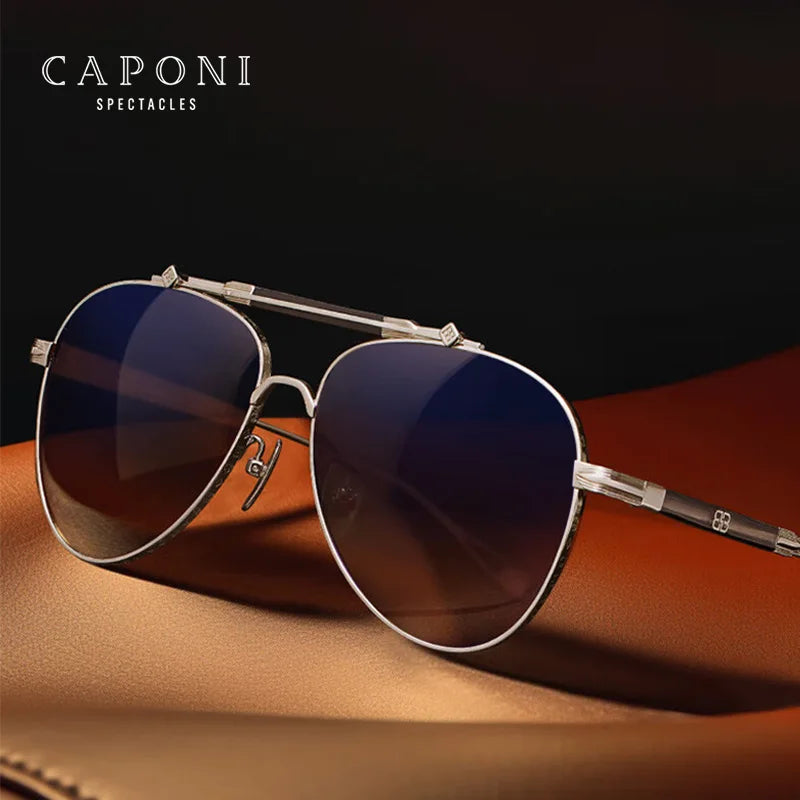 CAPONI HD Nylon Polarized Sun Glasses Pure Titanium Gradient UV400 Designer Eyewear Pilot Style Outdoor Men's Sunglasses CP7537