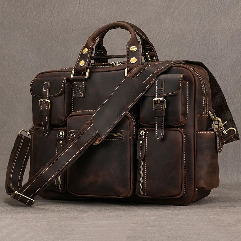 Vintage Men Crazy Horse Leather Briefcase Large Laptop Genuine Leather Business Bag Work Tote Travel Bag Cowhide Messenger Bag