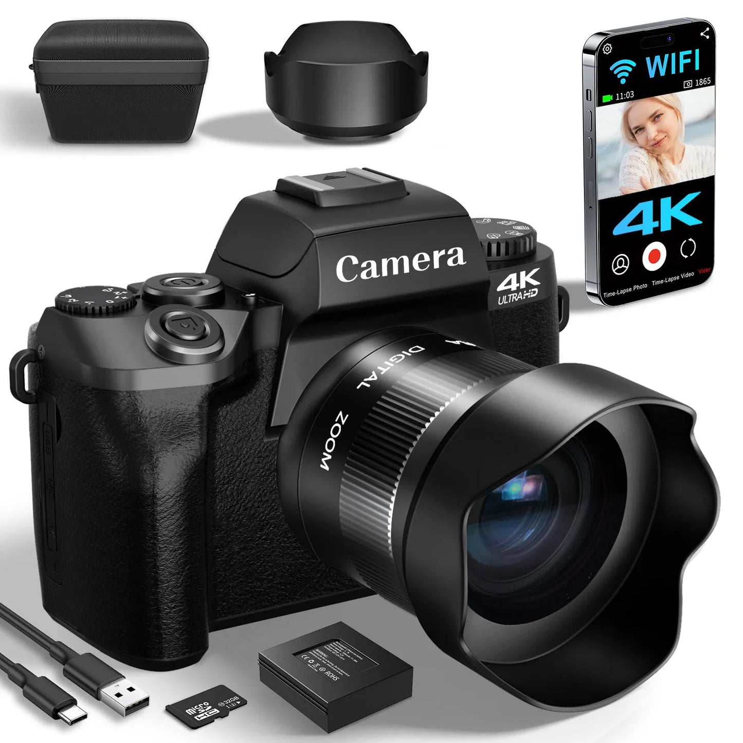 Digital Camera for Photography, 4K 64MP WiFi Vlogging Camera with Flash, Lens Hood, Front and Rear Camera, 4 Inch Touch Screen